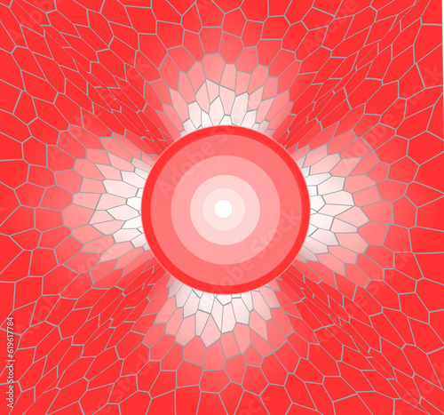 A mosaic pattern of white to pink to red wings expanding from the center circles of matching colors