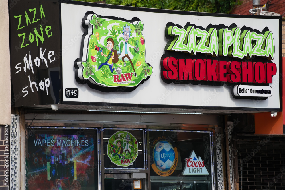 Bronx, NY July 2, 2023 Zaza Zone Smoke Shop, Zaza Plaza commercial