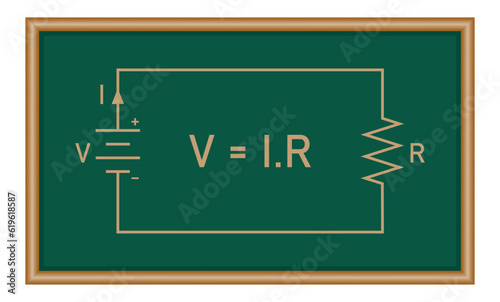 Ohm's law diagram. Battery and resistor circuit. Vector illustration isolated on white background.