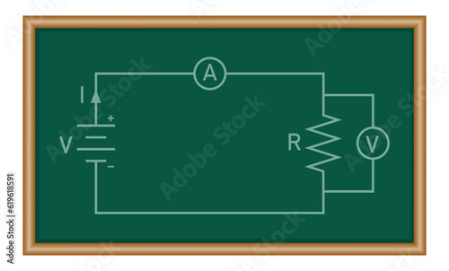 Ohm's law diagram. Battery and resistor circuit. Vector illustration isolated on white background.