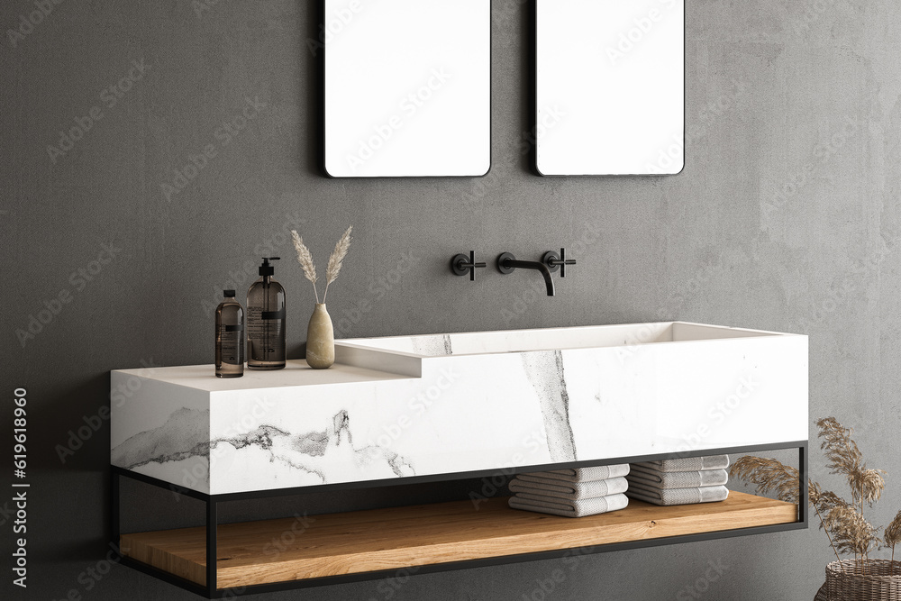 Close up of marble basin with double mirror standing in on grey wall, vanity with black faucet in minimalist bathroom. Side view. 3d rendering Close up of marble basin with double mirror standing in on grey wall, vanity with black faucet in minimalist bathroom. Side view. 3d rendering