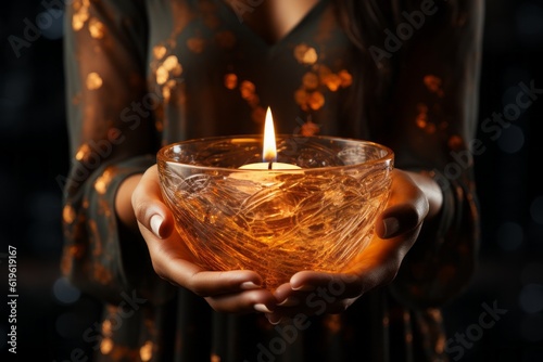 Burning candle in a candlestick in the hands of a woman, romance concept with selective focus. AI generated