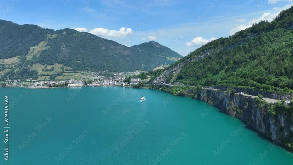 Drone flying over Lake Lucerne on a sunny summer day, Switzerland. Drone flying over Lake Lucerne on a sunny summer day, Switzerland.