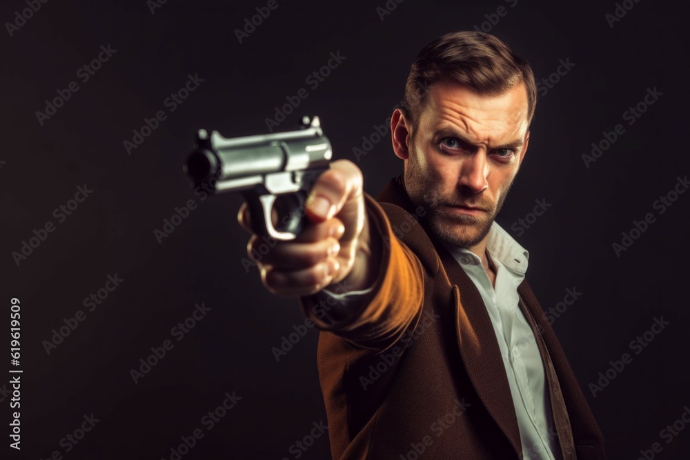 A man with a gun. Background with selective focus. AI generated, human enhanced A man with a gun. Background with selective focus. AI generated, human enhanced