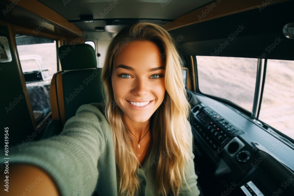Woman truck driver. Background with selective focus. AI generated, human enhanced