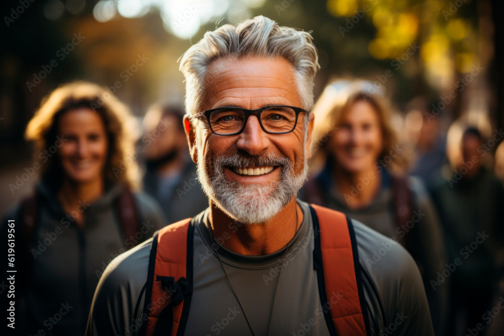 Adult man with backpack in city travel. Background with selective focus and copy space Adult man with backpack in city travel. Background with selective focus and copy space
