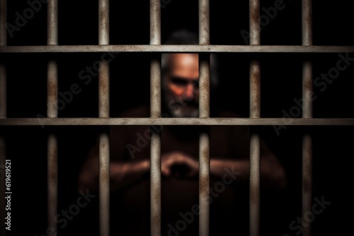 Prison bars of the detention cell and a prisoner on a blurred background. AI generated, human enhanced photo