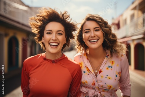 Happy couple of women on city walk lifestyle. Background with selective focus and copy space