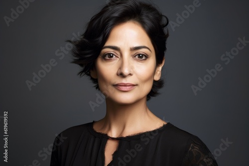 Portrait of an adult successful woman on a dark background with selective focus and copy space. AI generated
