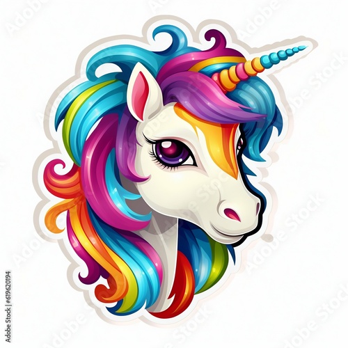 Colorful Rainbow Unicorn Sticker on White Background. Generative ai
