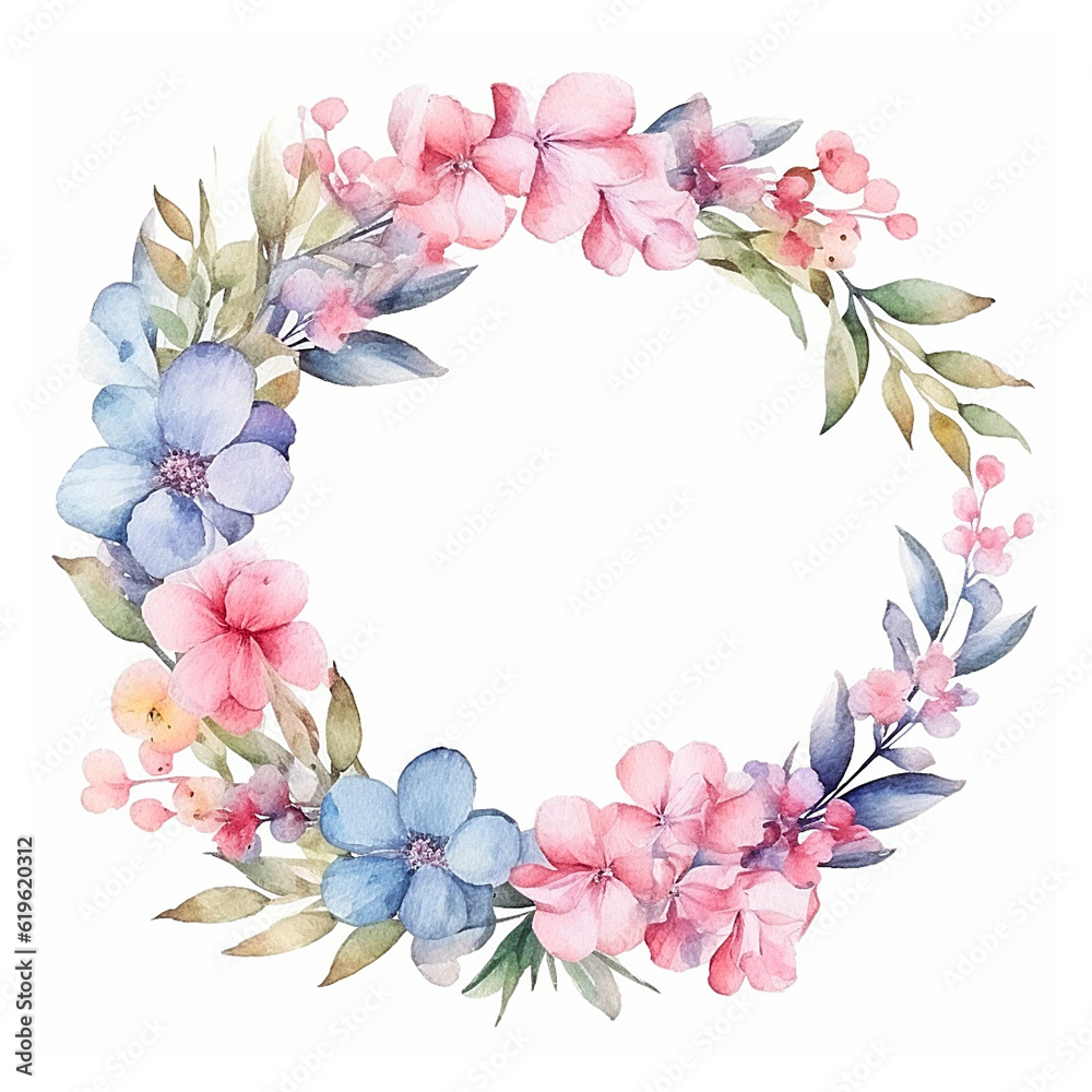Watercolor Floral Wreath, Soft Pastel Rustic Spring Floral Mix, Ethereal Leaves and Branches, Wedding Card, Logo, Invitations, AI Generated.