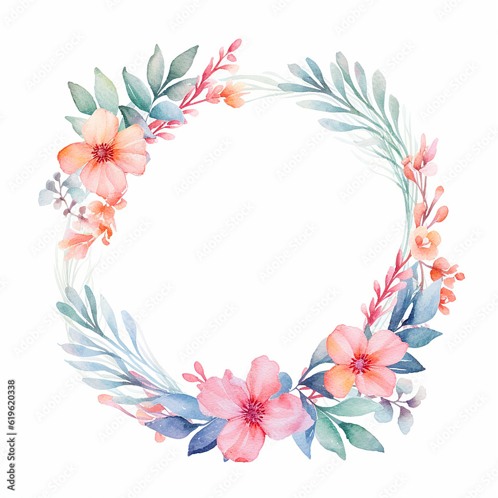 Watercolor Floral Wreath with Soft Pastel Spring Floral Mix, Ethereal Leaves and Branches, Wedding Card, Logo, Invitations, AI Generated.