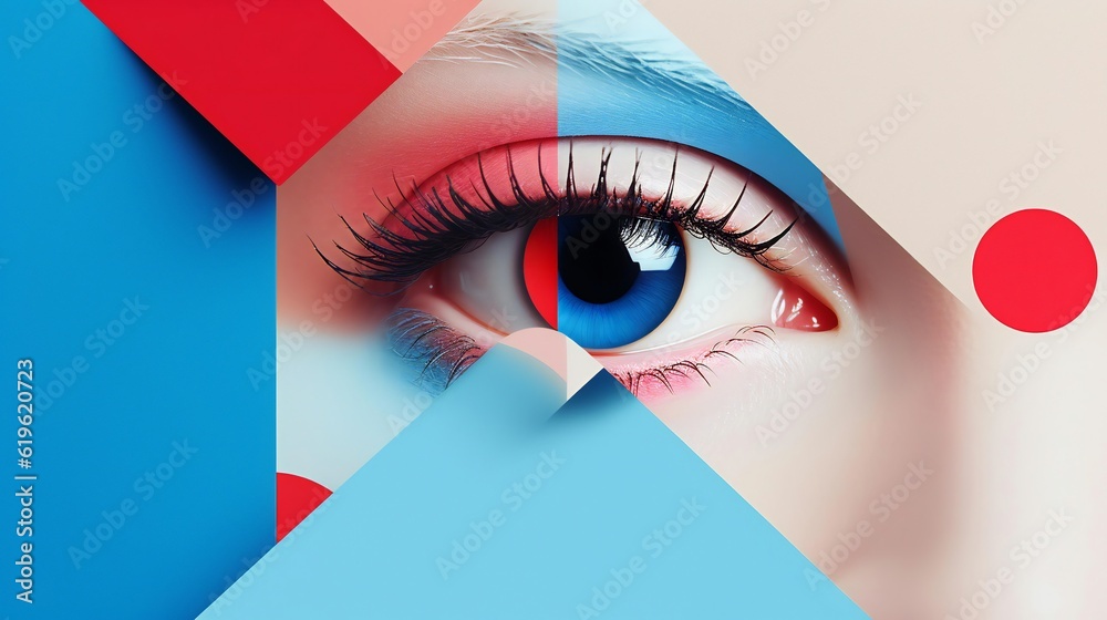 A close-up of a woman's eye with vibrant blue and red colors - obrazy, fototapety, plakaty 
