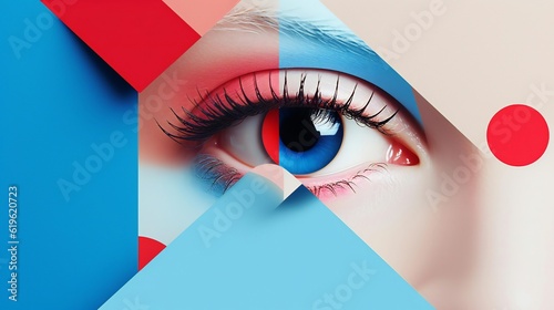 A close-up of a woman's eye with vibrant blue and red colors