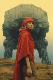 woman vagabond in bright red cloak poses in front of a mech