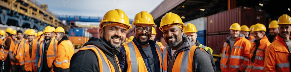 Multiracial smiling workers having fun inside container cargo terminal at maritime port Multiracial smiling workers having fun inside container cargo terminal at maritime port