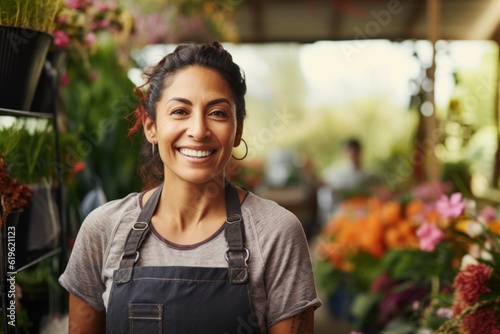 Photographie Smiling attractive hispanic female Small business owner in her florist shop