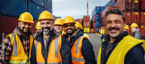 Multiracial smiling workers  having fun inside container cargo terminal at maritime port
