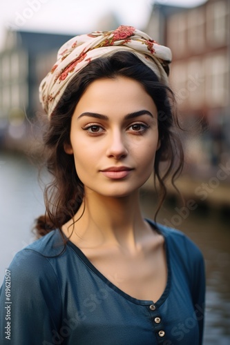 Young woman of Arab origin in the city of Amsterdam. AI-generated image.