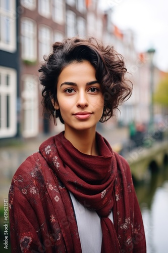 Young woman of Arab origin in the city of Amsterdam. AI-generated image.