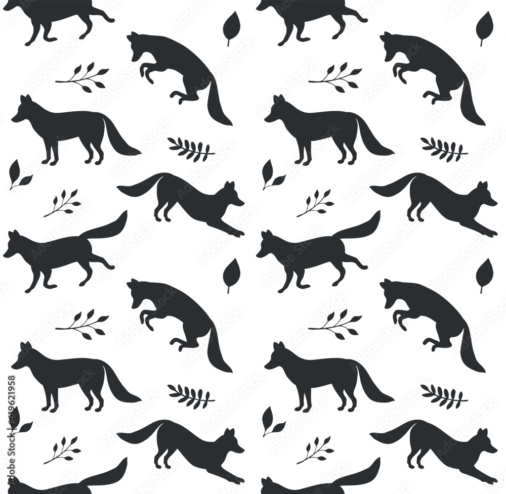 Vector seamless pattern of flat hand drawn fox silhouette isolated on white background Vector seamless pattern of flat hand drawn fox silhouette isolated on white background