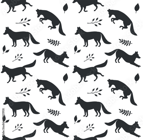 Vector seamless pattern of flat hand drawn fox silhouette isolated on white background