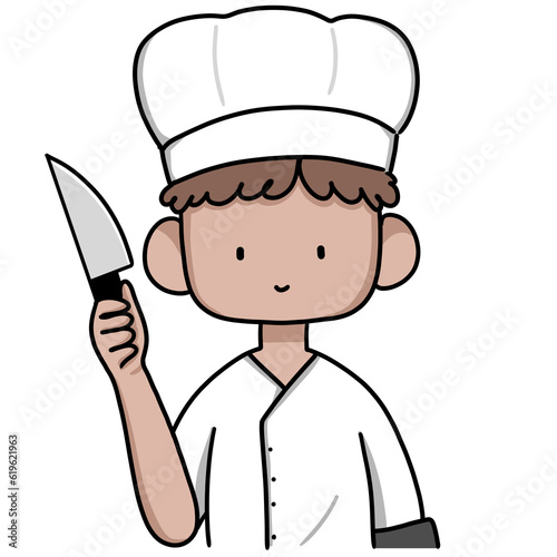 cute chef man in uniform character holding kitchen knife cartoon art illustration