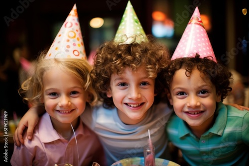 three cute little kids boys and girls celebrating birthday at a birthday party with colorful balloons outside. Generative AI
