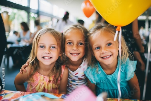 three cute little kids girls celebrating birthday at a birthday party with colorful balloons outside. Generative AI photo