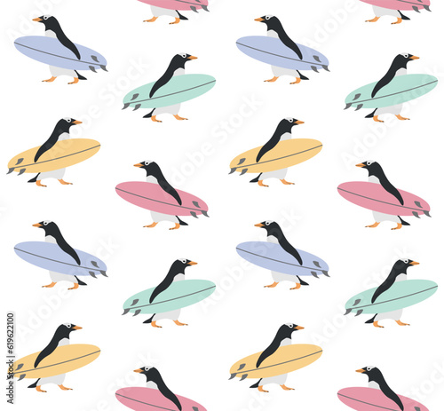 Vector seamless pattern of hand drawn flat penguin with surfboard isolated on white background