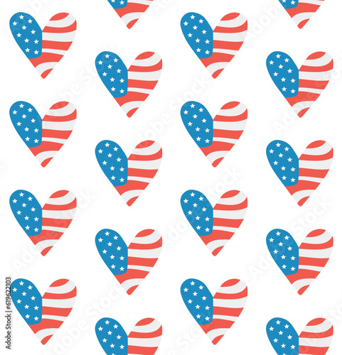Vector seamless pattern of hand drawn flat usa American flag heart isolated on white background
