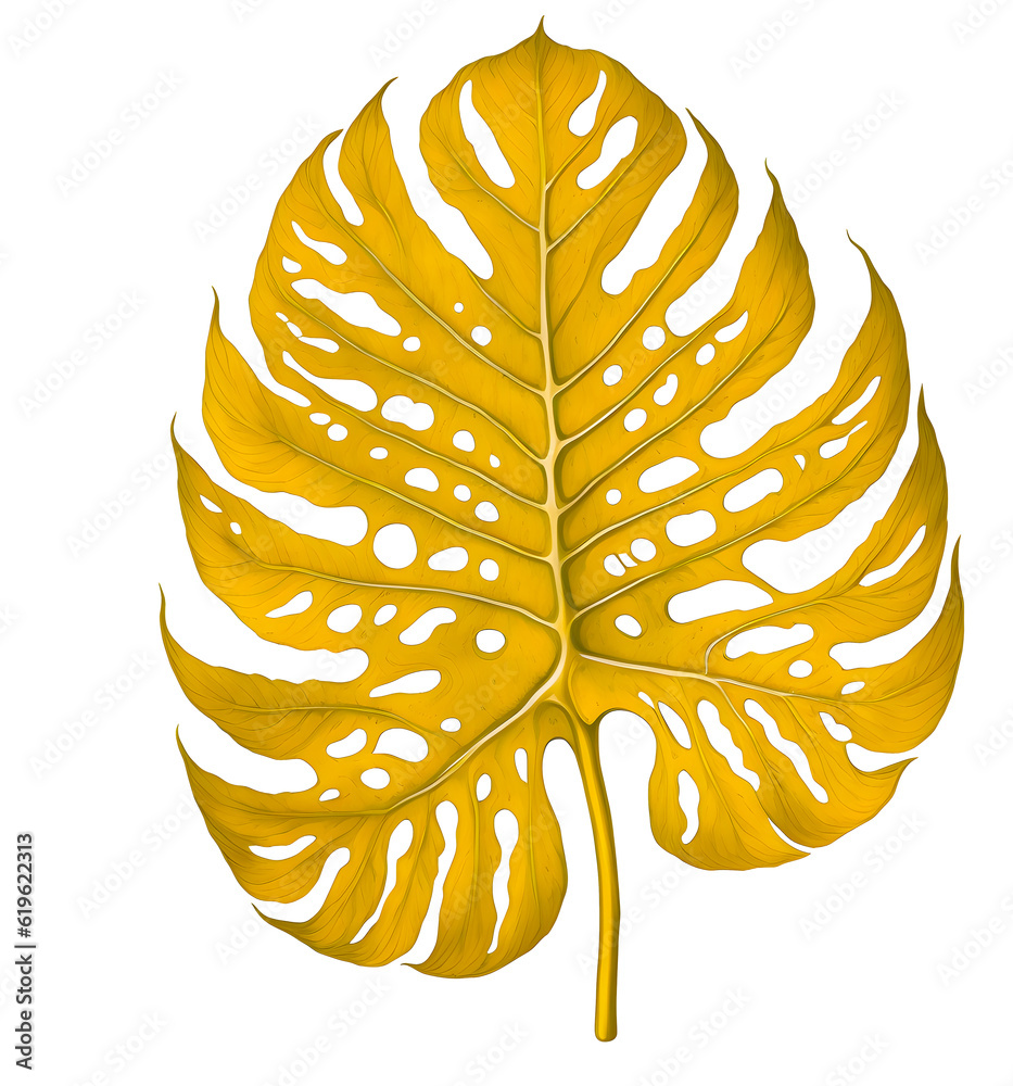 golden yellow monstera leaf slightly shaded on a transparent background