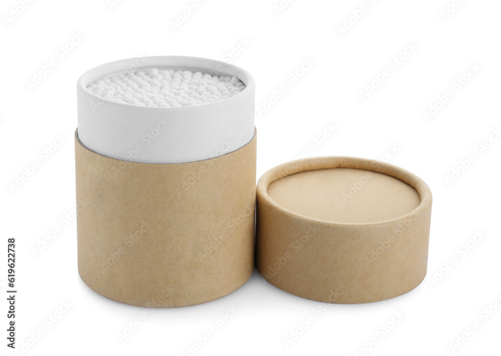 Container with new cotton buds isolated on white Container with new cotton buds isolated on white