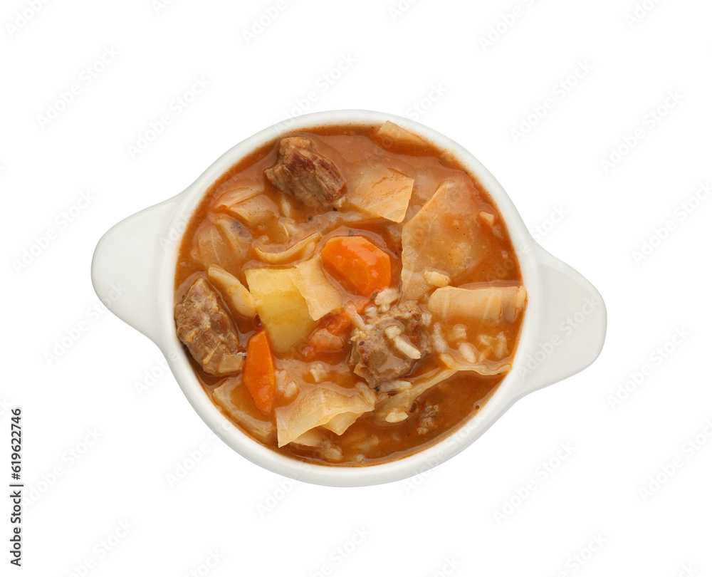Tasty cabbage soup with meat and carrot on white background, top view Tasty cabbage soup with meat and carrot on white background, top view