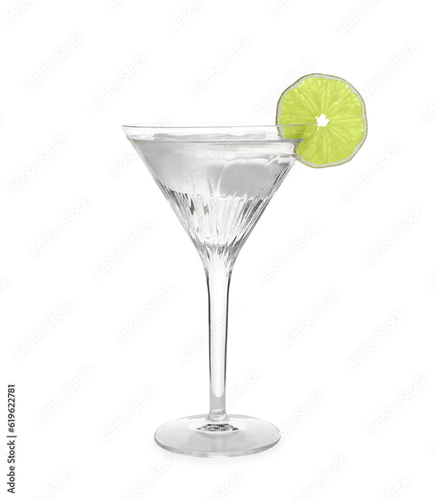Martini glass of refreshing cocktail with lime and ice cubes isolated on white Martini glass of refreshing cocktail with lime and ice cubes isolated on white