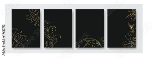 Minimalistic and luxurious design featuring gold floral patterns on a black background, ideal for invitations, events, or branding that requires a touch of sophistication and style