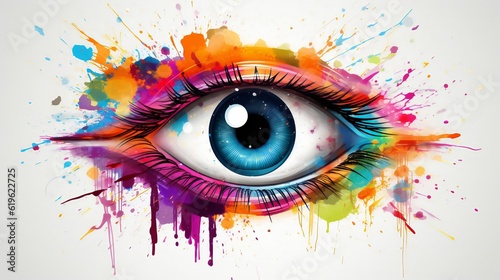 An eye with vibrant paint splatters surrounding it