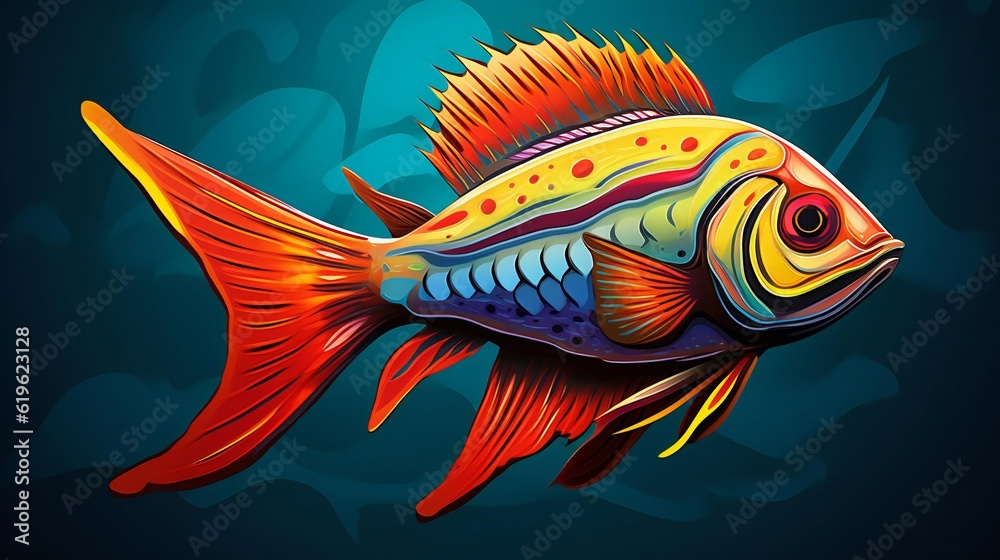 A vibrant and colorful fish swimming in a mesmerizing blue background A vibrant and colorful fish swimming in a mesmerizing blue background