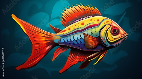 A vibrant and colorful fish swimming in a mesmerizing blue background