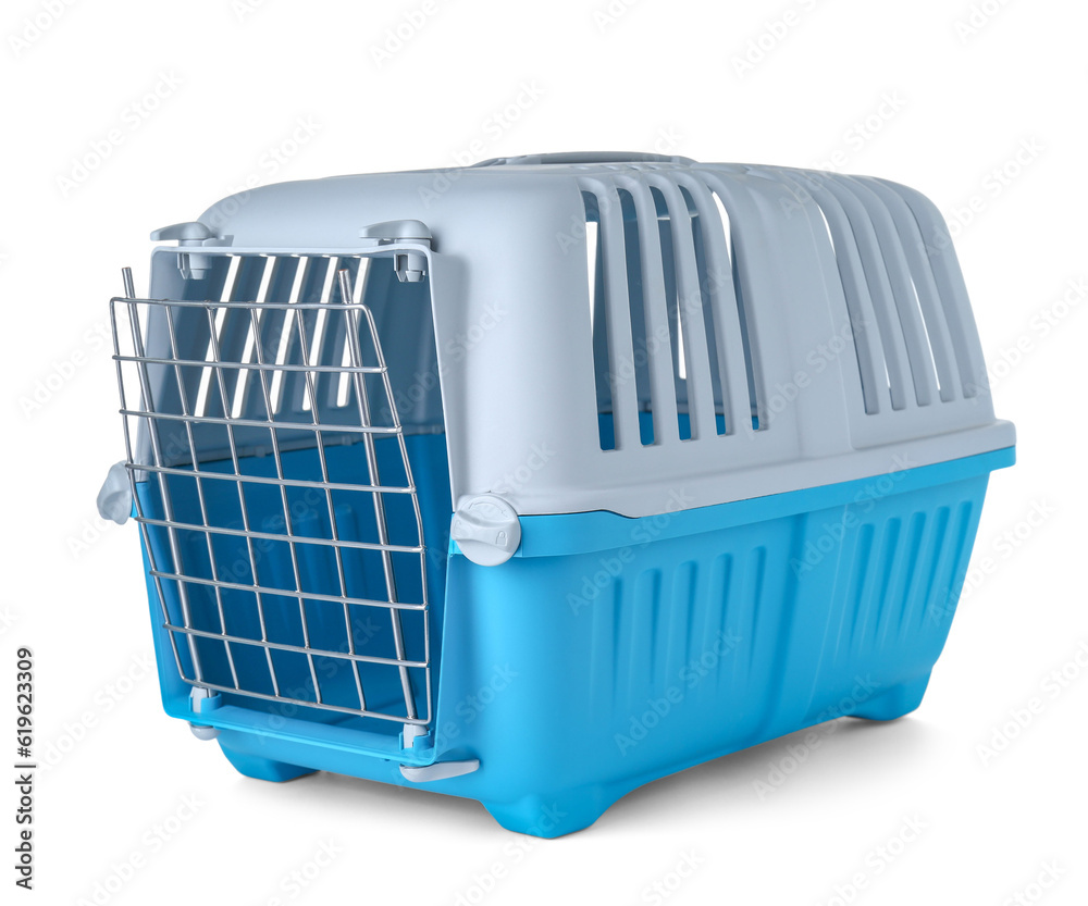 Light blue pet carrier isolated on white Light blue pet carrier isolated on white