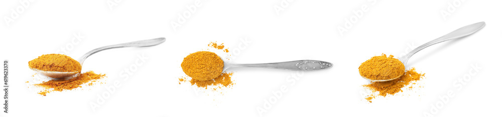 Collage with curry powder in spoons isolated on white