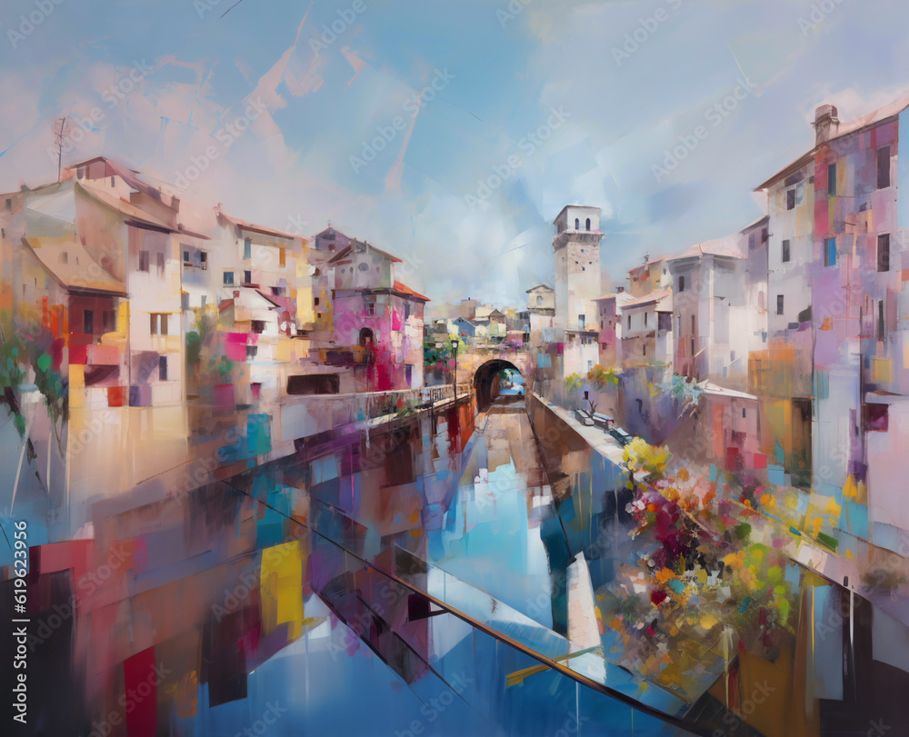 The AI-generated illustration portrays a captivating Mediterranean street scene with a prominent bridge. The atmosphere and ambience with a touch of creativity and artistic flair.