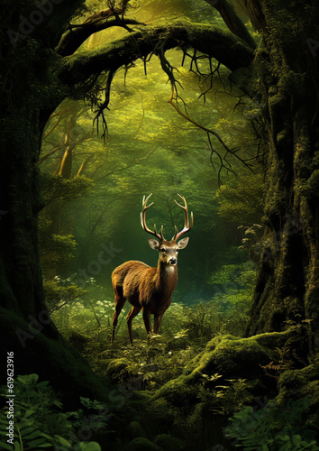 In this AI-generated illustration  a majestic elk emerges from the enchanting realm of fantasy. Sense of wonder  to explore the depths of our imagination  and to embrace the magic that resides within.