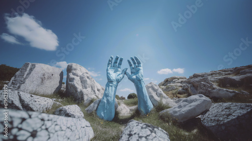 An AI-generated image of blue-painted hands represents a symbolic bridge between the physical and the spiritual realms. photo