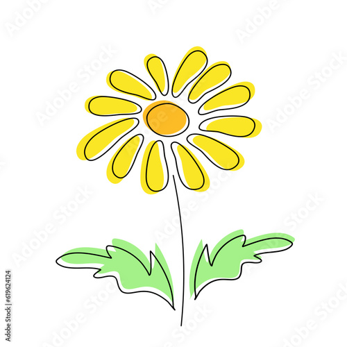 Yellow dandelion single flower vector illustration isolated. Floral clipart design element. Botanical decoration. Summer garden icon. Colored line art. Natural logo. Medical herb. Herbal medicine.