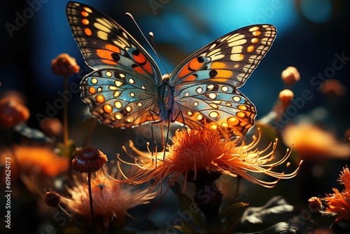 Close - up shot of a wild butterfly resting on a vibrant flower. Generative AI