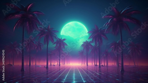 A futuristic landscape with palm trees and neon lights