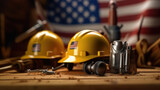 Happy labor day concept, Construction tools with yellow helmet