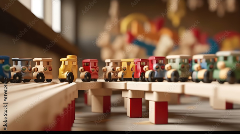 Wooden toys on a conveyor belt in a factory