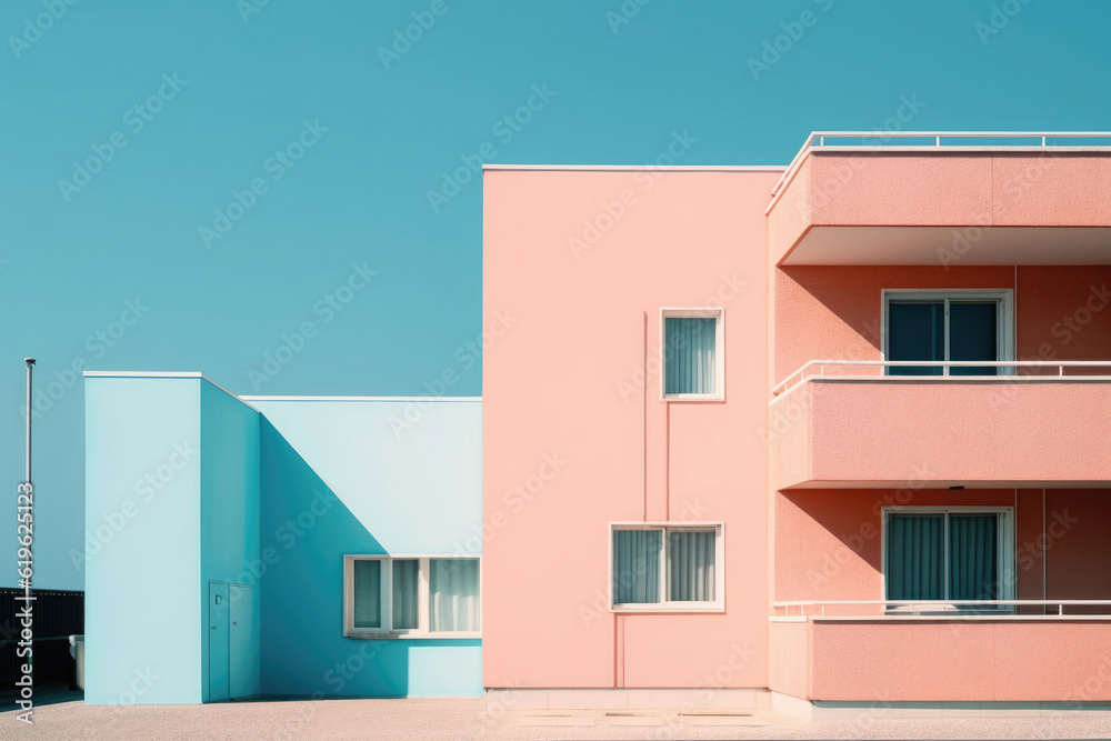 Courtyard of pink and blue house. Summer landscape in pastel colors. Minimal realistic illustration. City street. Facade of house. Window and door. Copyspace. Coastal hotel on the sea. Generative AI Courtyard of pink and blue house. Summer landscape in pastel colors. Minimal realistic illustration. City street. Facade of house. Window and door. Copyspace. Coastal hotel on the sea. Generative AI